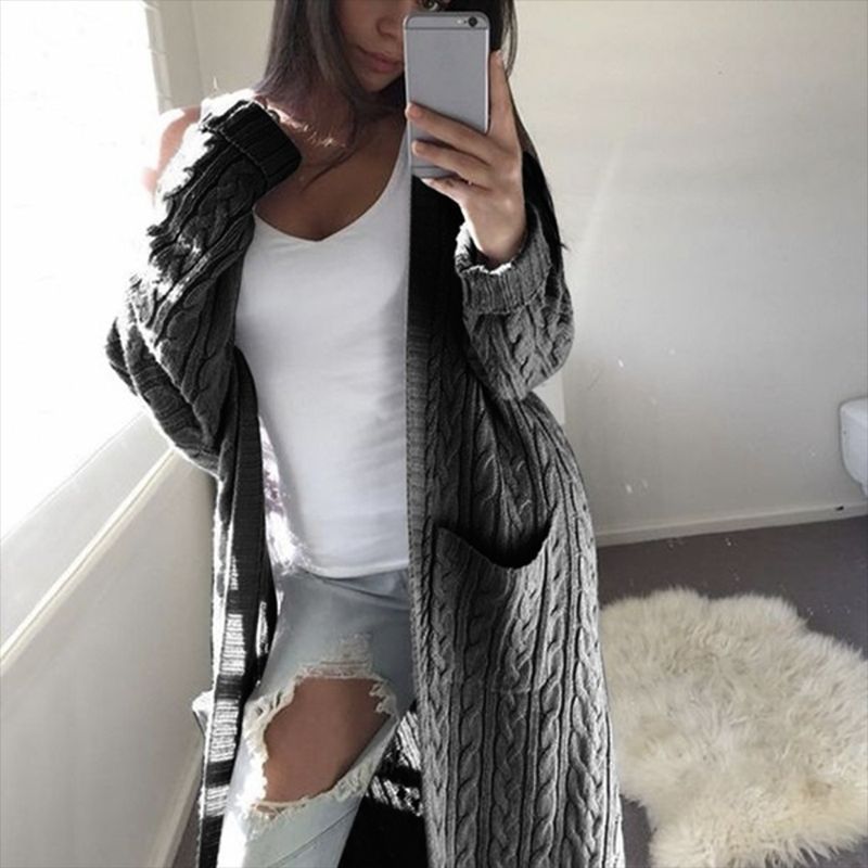 LOGAMI 2019 New Cardigan Coat Womens Pockets Sweater Long Women Warm Sweater Thick Knitted Female Sweater Winter