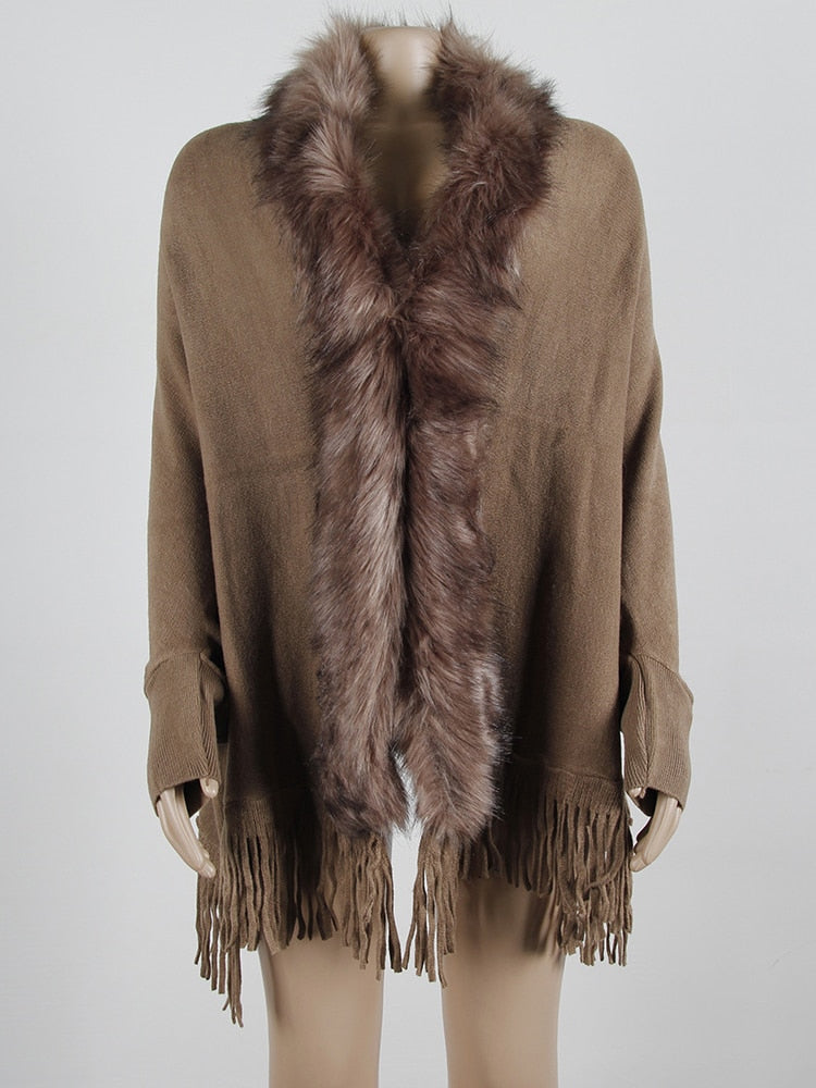 Fitshinling Fur Collar Winter Shawls And Wraps Bohemian Fringe Oversized Womens Winter Ponchos And Capes Batwing Sleeve Cardigan