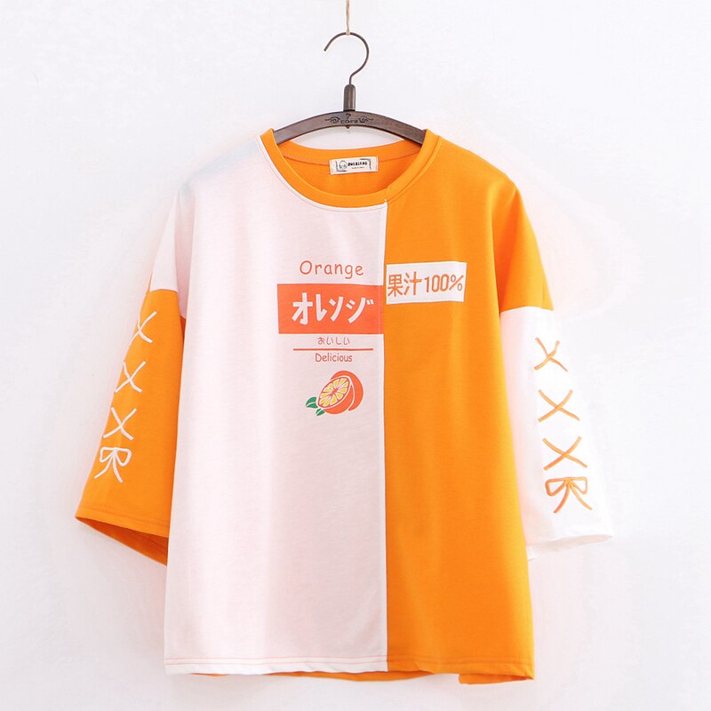 Korean Fashion Summer Women T-shirt Kawaii Clothes Orange Embroidery Patchwork Short Sleeve Cotton T Shirt Cute Sweet Girls Tops