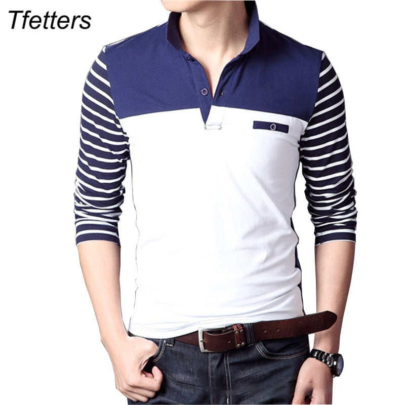 TFETTERS primavera otoño Casual hombres Camiseta de manga larga algodón elástico Slim Fit vestido camiseta hombres cuello en V rayas hombres Tops y camisetas