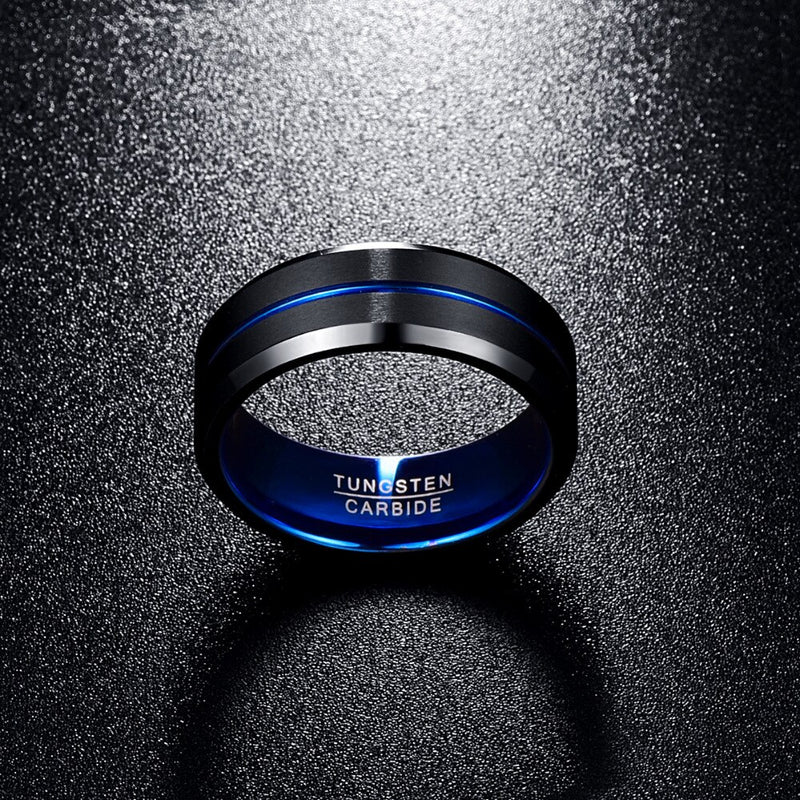 NUNCAD Men's 8mm Tungsten Carbide Groove Ring Blue & Black Matte Finish Beveled Edge Wedding Band