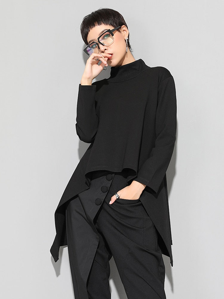 XITAO Vintage negro tortuga cuello camiseta mujer Kawaii Casual manga larga Irregular Tops ropa coreana nueva ZLL1177