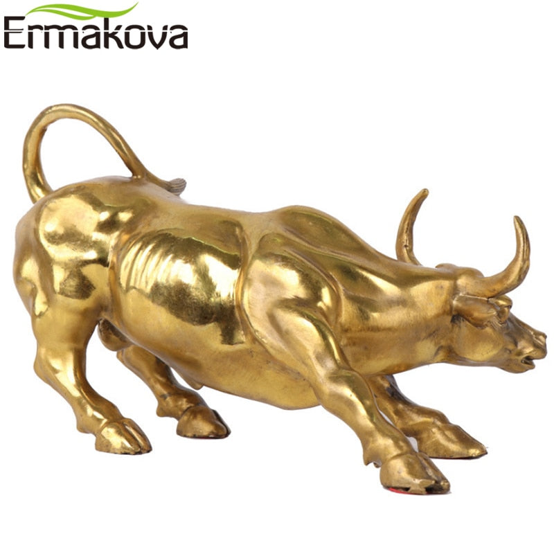 ERMAKOVA Wall Street Golden Fierce Bull OX Figurine Sculpture Charging Stock Market Bull Statue Home Office Decor Gift