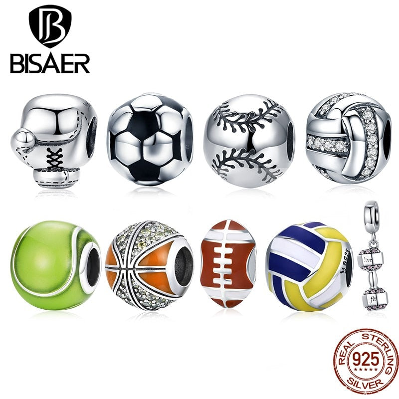 BISAER 925 Sterling Silver Ball Series Charm Football Volleyball Tennis Basketball Dumbbel Pendant Fit Bracelet DIY Fine Jewelry