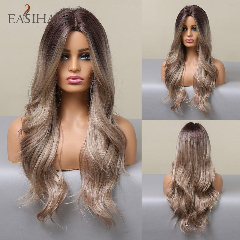 EASIHAIR Lange hellblonde Perücken im Ombré-Stil mit natürlichen Wellen, hitzebeständig, synthetische Perücken, Mittelteil, Cosplay-Perücken für Frauen