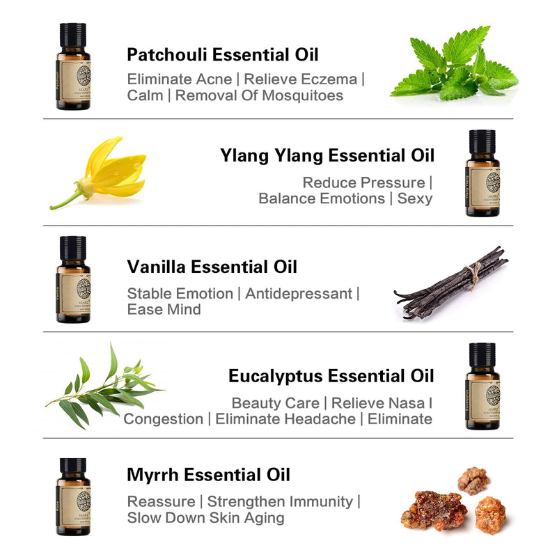 AKARZ Hots 10 Sets Sandelholz, Moschus, Lavendel, Jasmin, Rose, Patchouli, Ylang Ylang, Vanille, Eukalyptus, ätherisches Myrrheöl