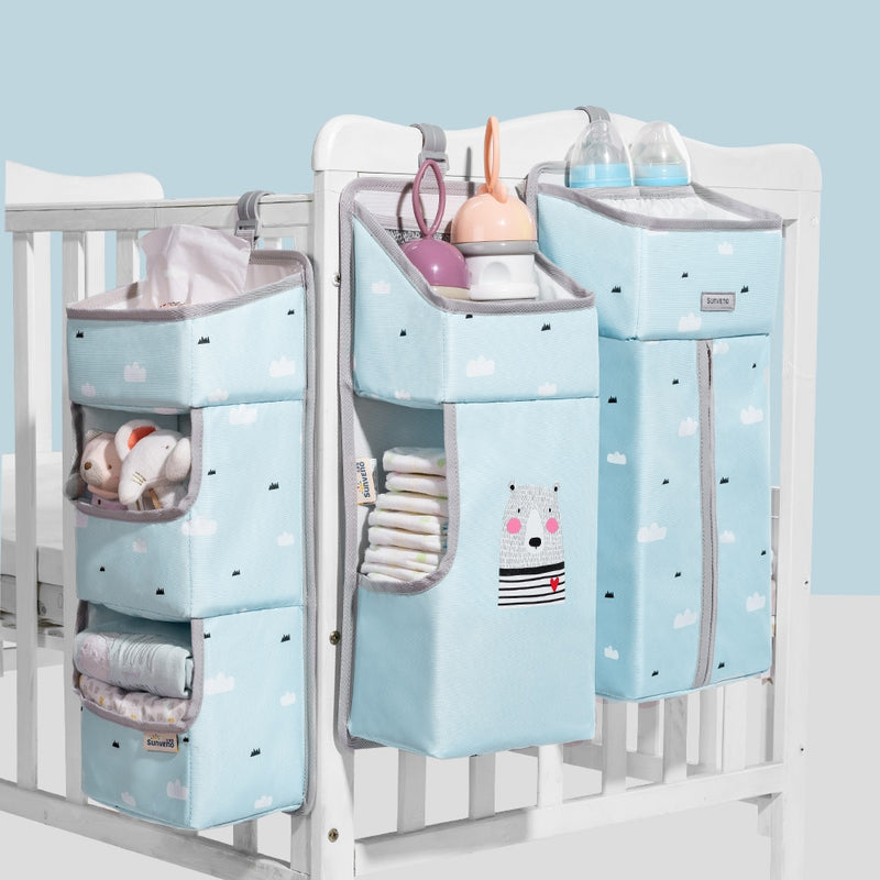 Sunveno Crib Organizer for Baby Crib Hanging Storage Bag Baby Clothing Caddy Organizer for Essentials Bedding Diaper Nappy Bag