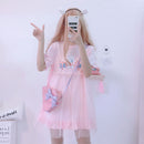 Summer Lolita Tulle Dresses 2022 Women Kawaii Bunny Cute Girl Anime Short Sleeve Pink White Casual T Shirt Dress Female Clothing