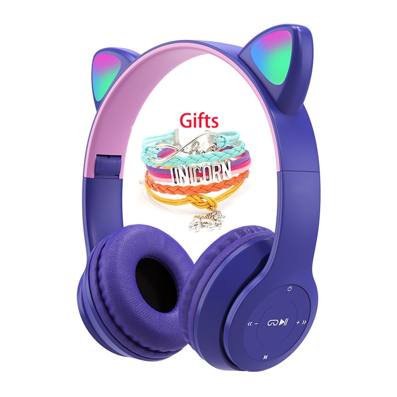 Auriculares inalámbricos Oreja de Gato con micrófono Blue-tooth Glow Light Stereo Bass Cascos Niños Gamer Girl Regalos PC Phone Gaming Headset