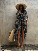 2022 Bikini Cover-ups Black Retro Striped Self Belted Women Summer Clothing Kimono Dress Beach Wear Swim Suit Cover Up Q1225