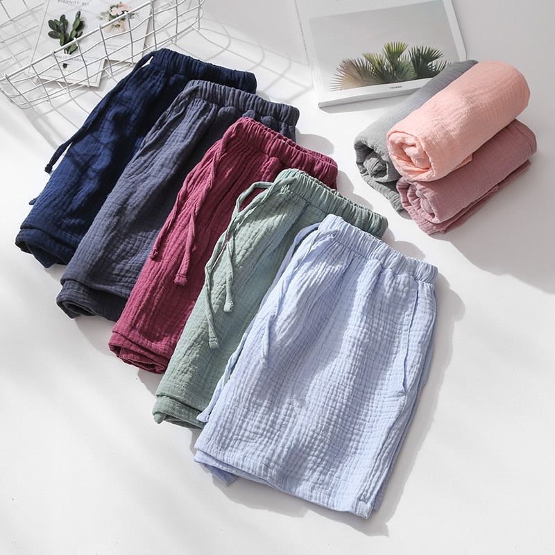 Summer Couple Sleep Pants Cotton Crepe Nightwear for Men and Women Pajama Shorts Elastic Waist Sleep Bottoms Sleeping Shorts