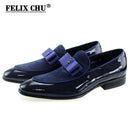 Handmade Genuine Patent Leather and Cow Suede Patchwork with Bow Tie Men Wedding Black Dress Shoes Mens Banquet Loafers Blue Red