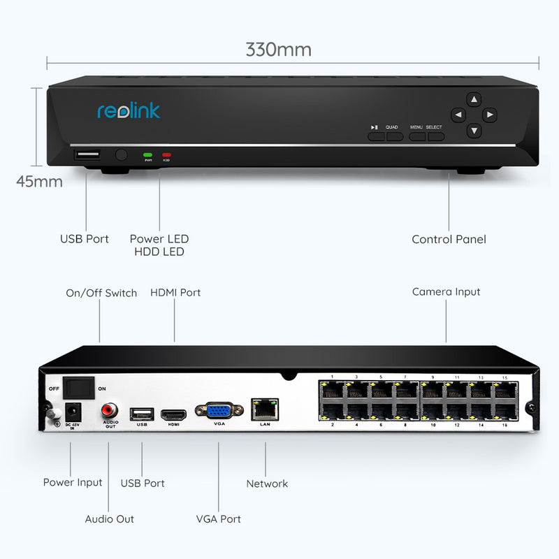 [Menschen-/Autoerkennung] Reolink 16ch NVR 4/5MP 4K 12MP PoE Netzwerkvideorecorder mit 3T/4TB HDD für IP-Sicherheitskameras RLN16-410