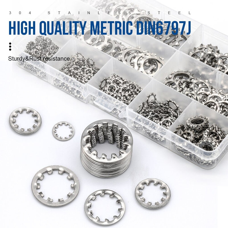 NINDEJIN 410pcs/set internal tooth lock washer assortment kit 304 stainless steel m3 m4 m5 m6 m8 m10 star lock washer DIN6797J