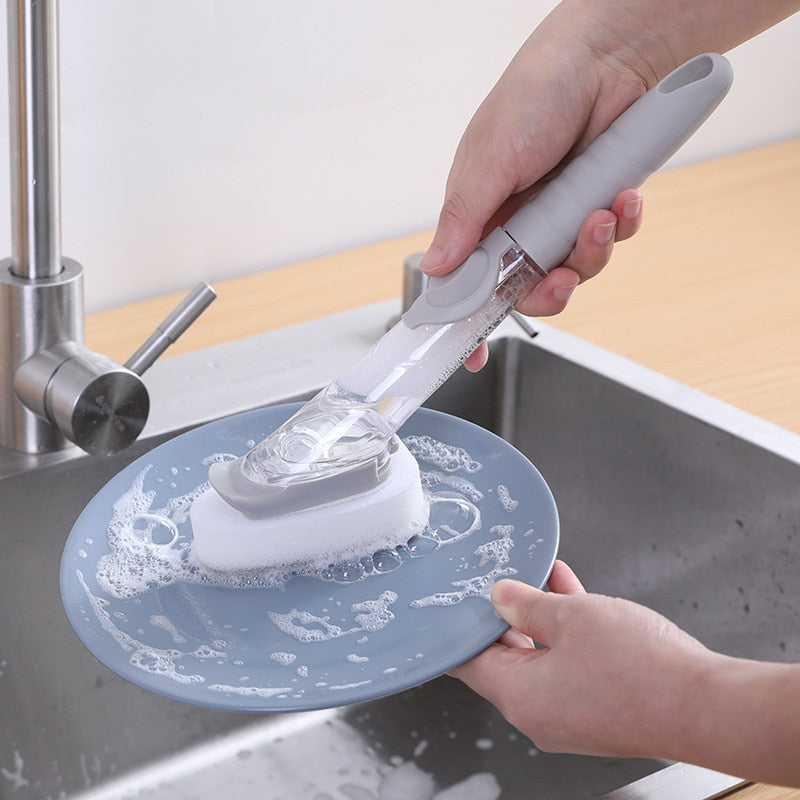 Cepillo de limpieza de cocina 2 en 1 Cepillo de limpieza de mango largo con cepillo extraíble Dispensador de esponja Cepillo para lavar platos Herramientas de cocina