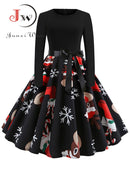 Winter WeihnachtsKleider Damen 50er 60er Vintage Kleid Swing Pinup Elegant Partykleid Langarm Freizeit Print Schwarz