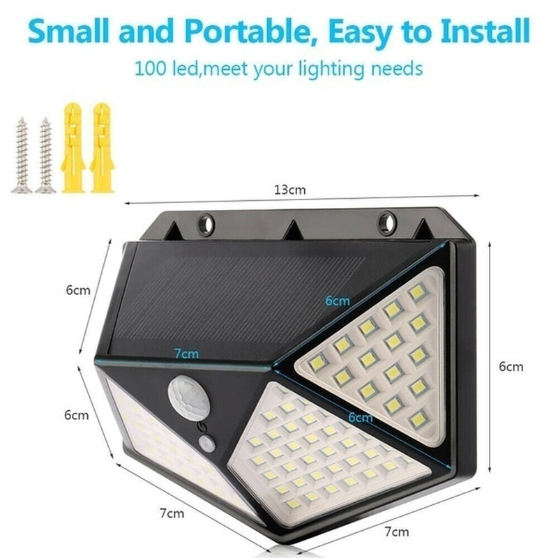 Luces solares al aire libre 100 Led brillante Sensor de movimiento luz gran angular inalámbrica impermeable IP65 luces de pared para jardín Wall Street