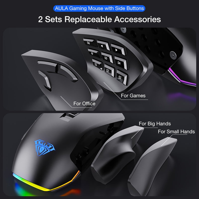 AULA H510 RGB Gaming Mouse 10000 DPI Botones laterales Marco Progrommable Egronomic 14 Wire Retroiluminado Game Mouse para computadora portátil