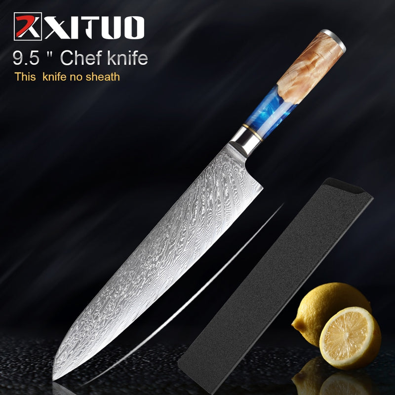 Juego de cuchillos de cocina XITUO, acero de Damasco VG10, cuchillo de Chef, cuchillo para pelar pan, resina azul y mango de madera de Color, juego de 1-7 Uds.