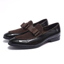 Handmade Genuine Patent Leather and Cow Suede Patchwork with Bow Tie Men Wedding Black Dress Shoes Mens Banquet Loafers Blue Red