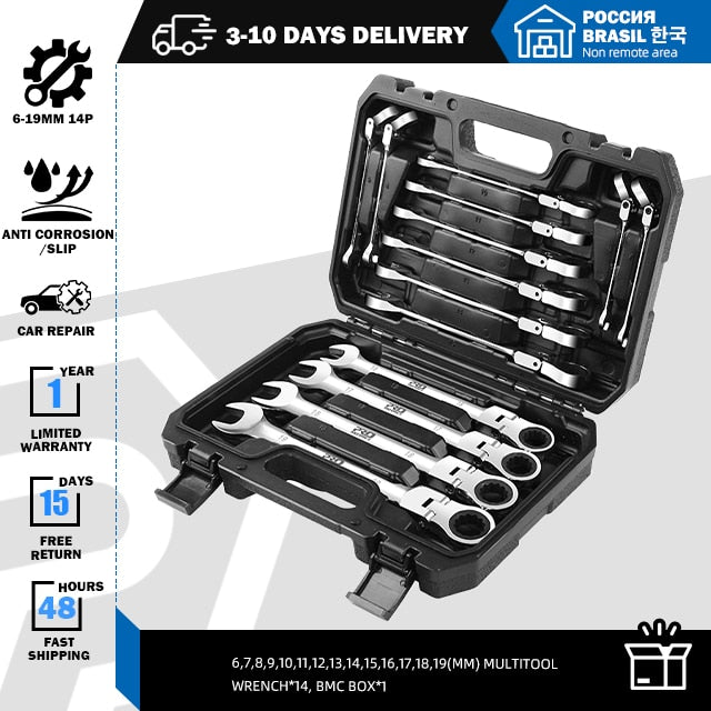 PROSTORMER 14-teiliges Schlüssel-Set Multitool-Ratschenschlüssel-Set Handwerkzeugschlüssel-Set Universalschlüssel-Werkzeug Autoreparaturwerkzeuge