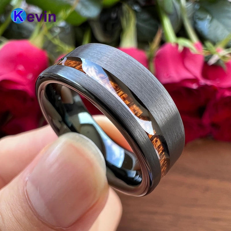 Classic Wood Ring Black Tungsten Wedding Band For Men And Women With Offset Groove Real Wood Inlay 8MM Comfort Fit