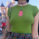 Women Bear Print Crop Tee Short Sleeve Slim Fit T-shirt