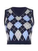 HEYounGIRL V Neck Vintage Argyle Sweater Vest Women Black Sleeveless Plaid Knitted Crop Sweaters Casual Autumn Preppy Style