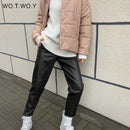 WOTWOY High Waist Spliced Loose Leather Pants Women Autumn Solid Drawstring PU Leather Trousers Women Straight Pants Female 2021