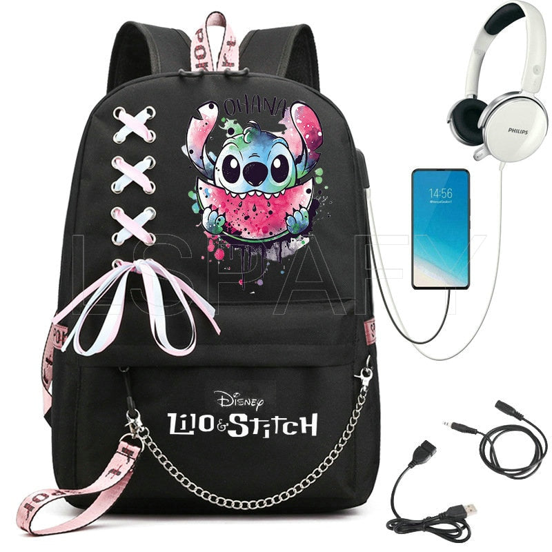 Disney Kawaii Stitch Bag Zipper USB Charging Mochila Capacity Backpack Women Kpop School Bags for Teenage Girls Students