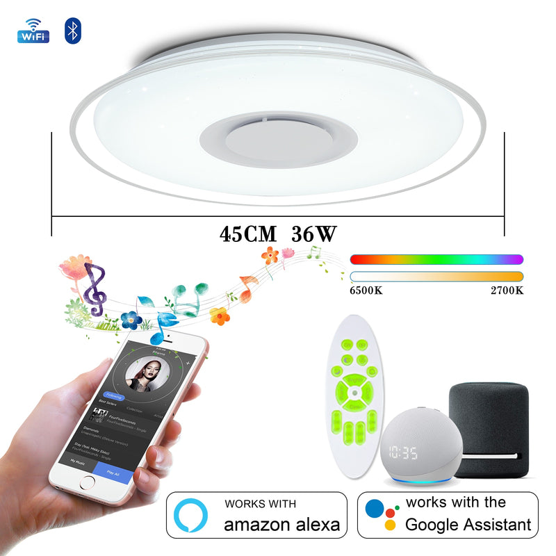 Intelligente Deckenleuchten mit Lautsprecher RGB-Farbe Dimmbare APP-Fernbedienung Sprachsteuerung mit Alexa 55W 45W für Wohnzimmer Schlafzimmer