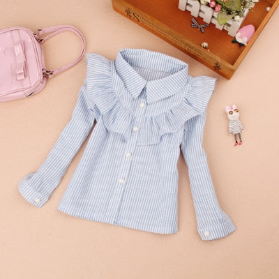 Ropa para niñas adolescentes, blusas de rayas azules para niños de otoño, camisa de manga larga con cuello vuelto, blusas de algodón para niños, blusa escolar para niñas