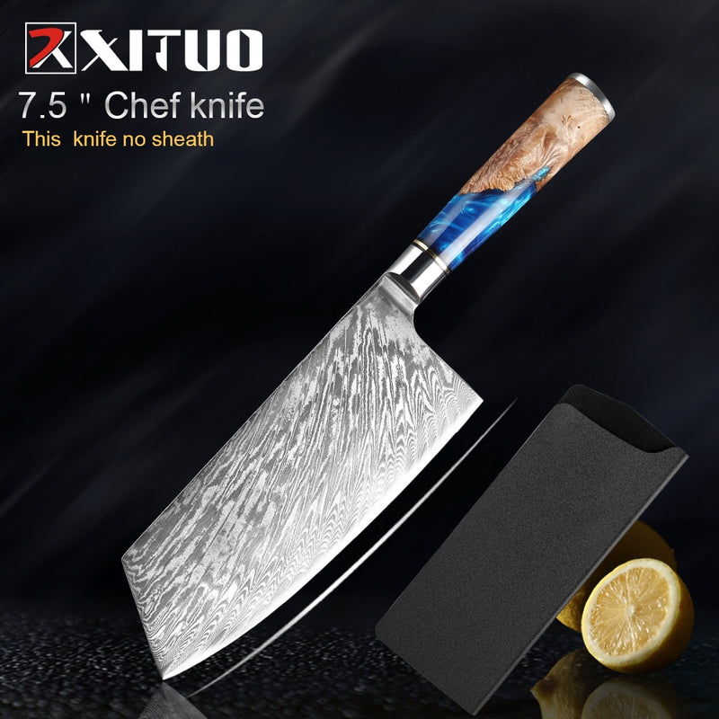Juego de cuchillos de cocina XITUO, acero de Damasco VG10, cuchillo de Chef, cuchillo para pelar pan, resina azul y mango de madera de Color, juego de 1-7 Uds.