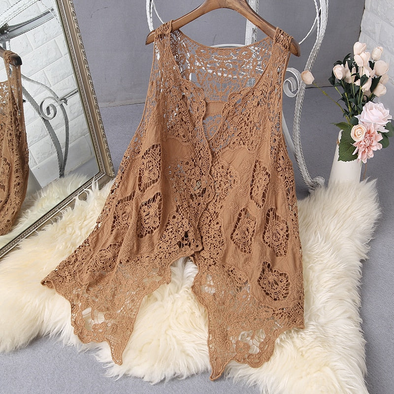 Hippie Froral Patch Design Weste Retro Vintage Häkeln Sommer Strand Cover Up Top Asymmetrische Open Stitch Kimono Cardigain 2022