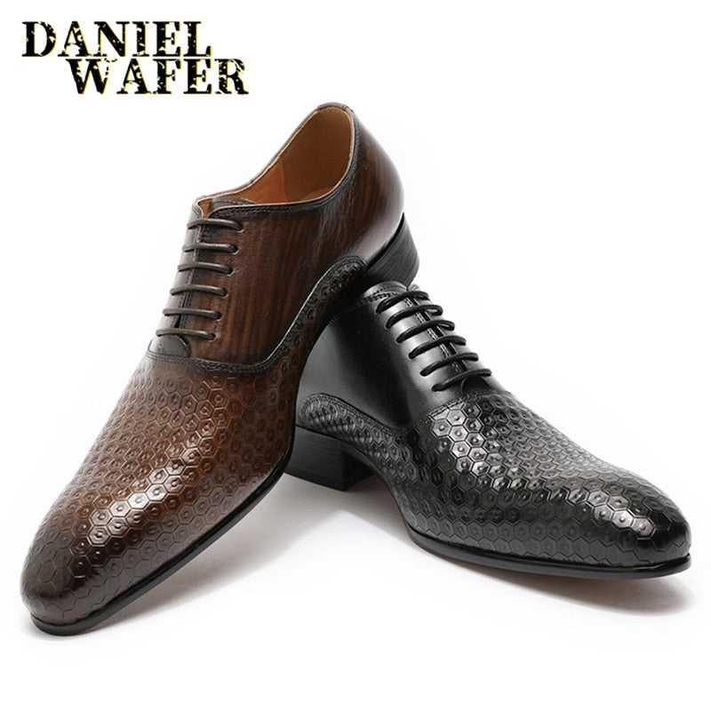 Daniel Wafer Man Schuhe Luxus echtes Leder geometrische Drucke Büro Hochzeit Mann formale schwarze Schnürung spitze Zehen Oxford Schuhe