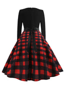 Winter WeihnachtsKleider Damen 50er 60er Vintage Kleid Swing Pinup Elegant Partykleid Langarm Freizeit Print Schwarz