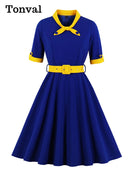 Tonval Green Contrast Bow Neck and Cuff Vintage Belted Dress Half Sleeve Autumn Women Fit and Flare Retro Swing Dresses