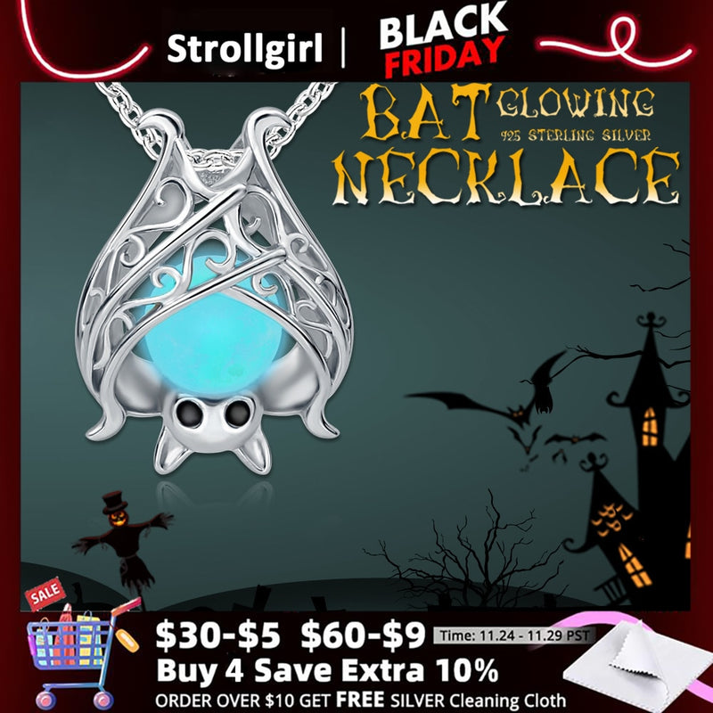 925 Sterling Silber Zubehör Leuchtende Fledermaus Halsketten Leuchtende Tier Anhänger Ketten Für Frauen 2022 Halloween Edlen Schmuck Geschenk