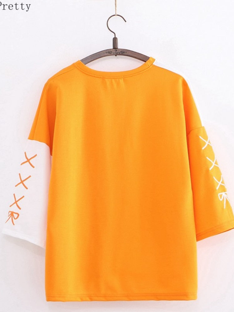 Korean Fashion Summer Women T-shirt Kawaii Clothes Orange Embroidery Patchwork Short Sleeve Cotton T Shirt Cute Sweet Girls Tops