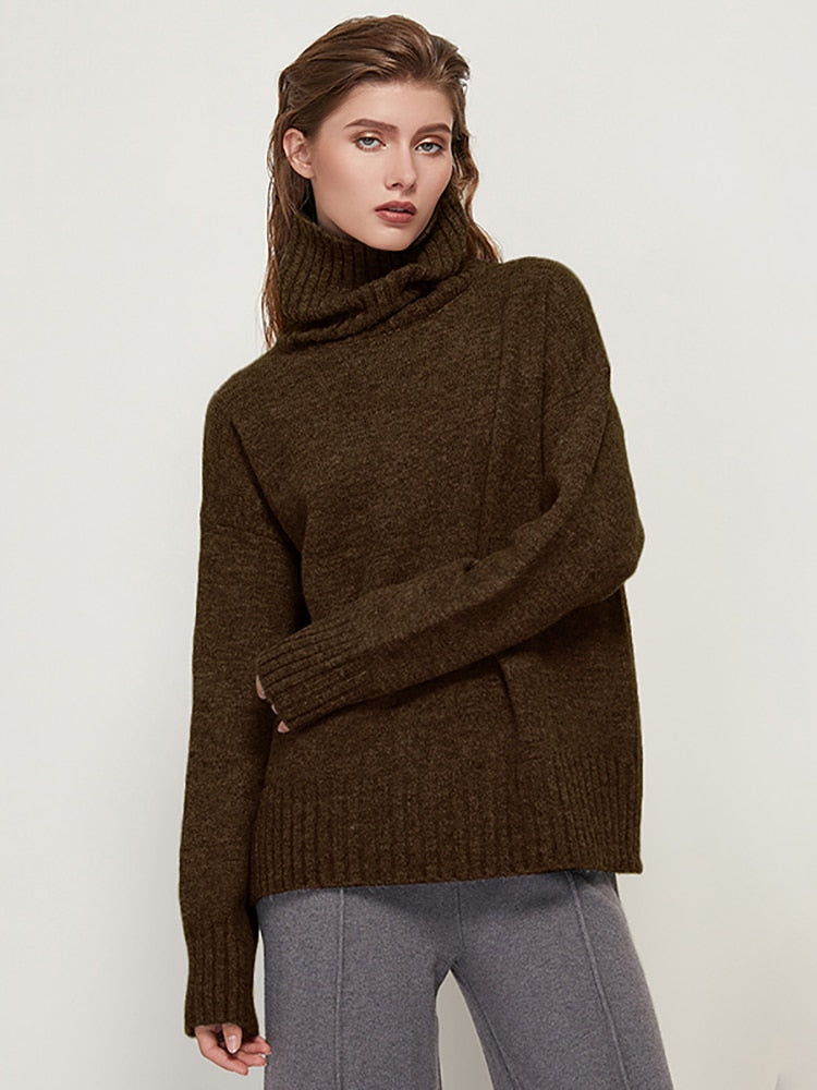 Aachoae Elegant Solid Knitted Two Piece Set Women Turtleneck Batwing Long Sleeve Loose Sweater Full Length Casual Wide Leg Pants