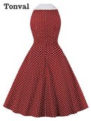 Tonval Turn-Down Collar Sleeveless Polka Dot Vintage Rockabilly Dresses for Women 2022 Summer A-Line Cotton Retro Dress