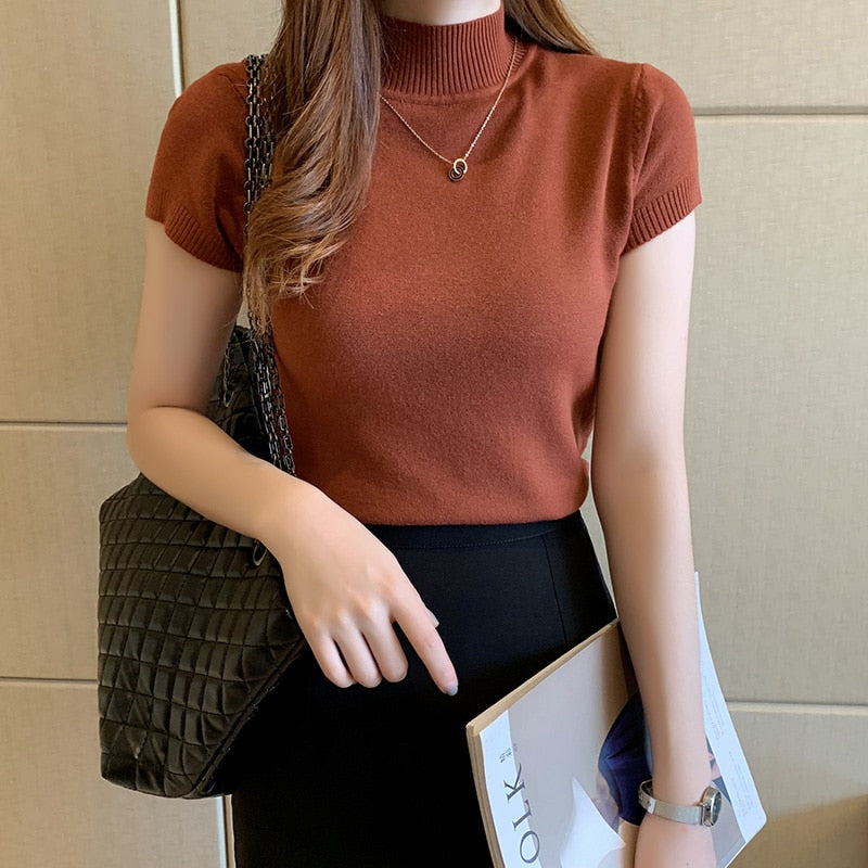 Casual Women Clothing Korean Knitted Women Top Blusas Mujer De Moda Spring Summer New Solid Slim Turtleneck Blouse Blusas 8622