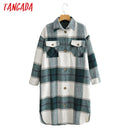 Tangada 2020 Autumn Winter Women green plaid Long Coat Jacket Casual Warm Overcoat Fashion Long Coats AI35