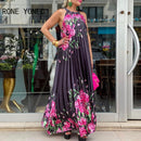 Women Elegant  All Over Print with Floral Pattern Halter Pleated Sexy Maxi Summer Vacation Dresses