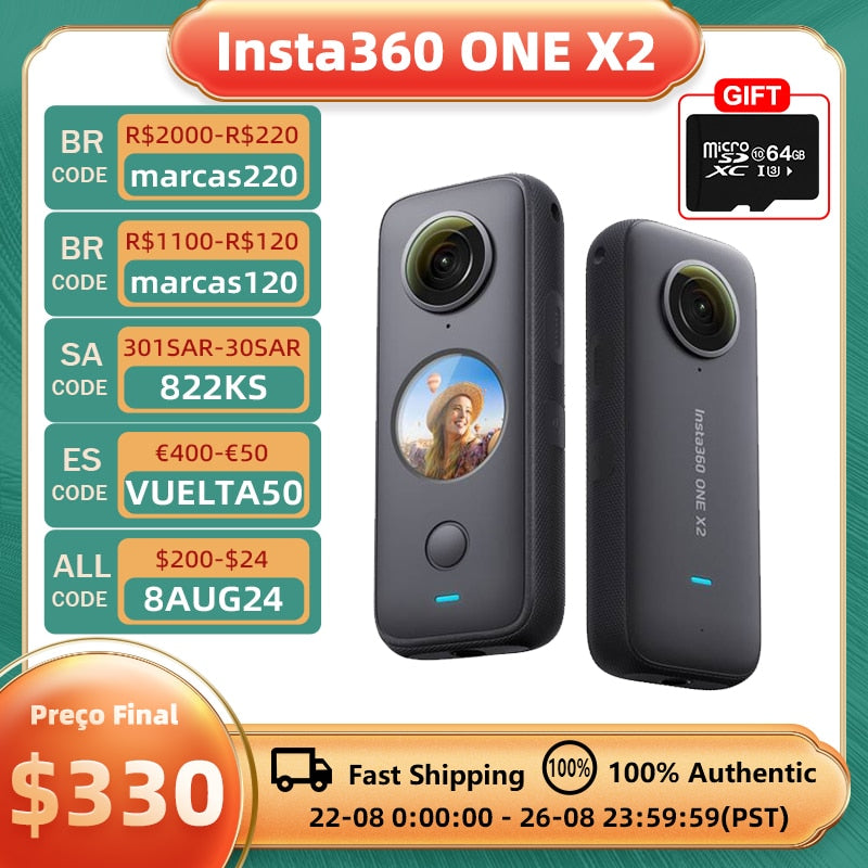 Insta360 One X2 360 Cámara de acción 5.7K VR Video 10M Impermeable Insta 360 One X2 Pocket Panorama Casco submarino Pro Sport Cam