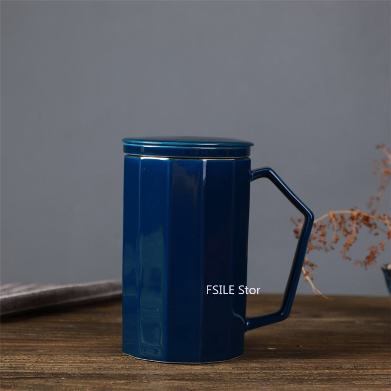 450ml FSILE Ceramic Large Capacity Mug Japanese Style Stoneware Office Cup with Wooden Handle Gift Mug with Lid Tea Separation