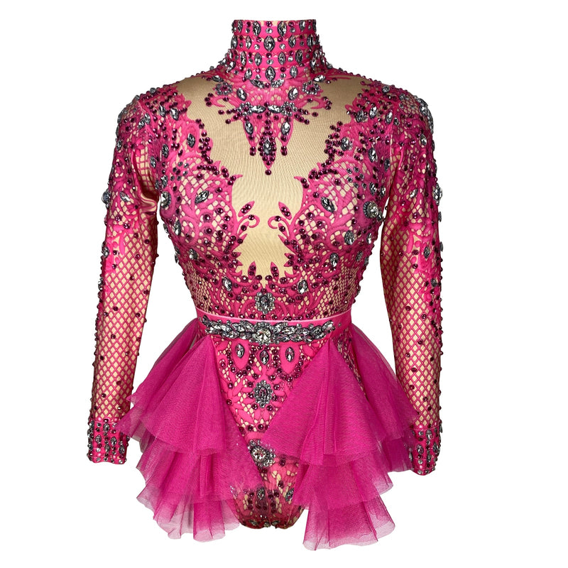 fashion Rhinestone pink red Ruffle Bodysuit Women Big Stretch nightclub Prom Bar concert costume Stage Singer Show dance Leotard