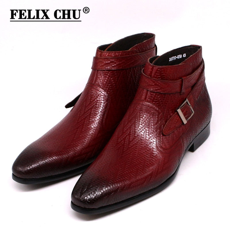 Handgemachte Herren Stiefeletten Felix Chu Echtes Leder Herren Motorradstiefel Schwarz Rot Schnalle High Top Abendschuhe für Herren