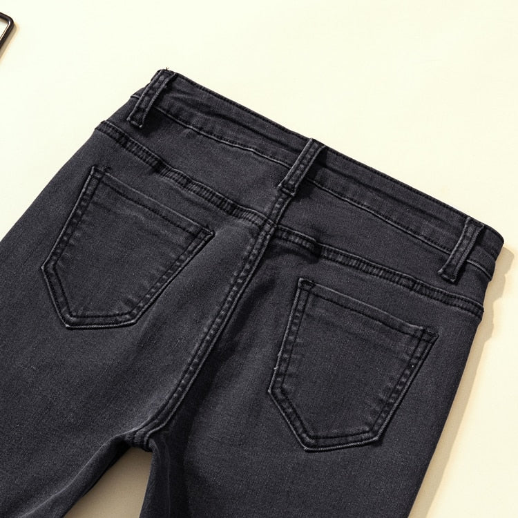 Novedad de 2022, pantalones vaqueros ajustados para mujer, pantalones vaqueros elásticos de cintura alta en negro y gris, pantalones vaqueros de moda coreanos para mujer, color sólido