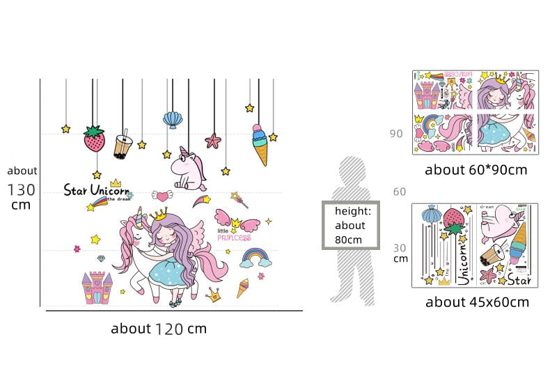 [shijuekongjian] Cartoon Girl Wall Stickers DIY Unicorn Animal Stars Wall Decals for Kids Bedroom Baby Room Home Decoration